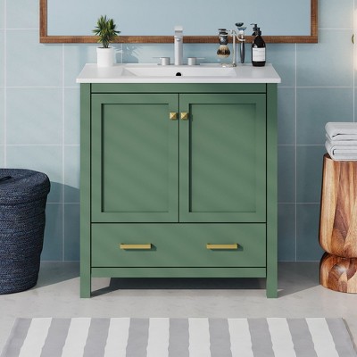 30 Inch Solid Wood Frame Bathroom Vanity with Single Sink, 2 Doors and a Drawer