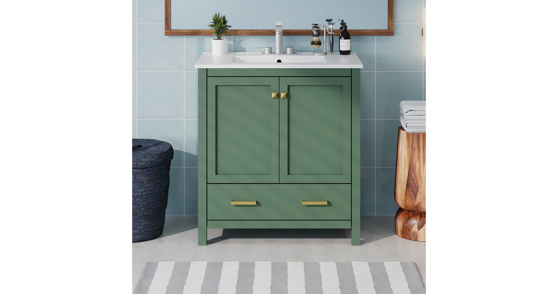 30 Inch Solid Wood Frame Bathroom Vanity with Single Sink, 2 Doors and a Drawer