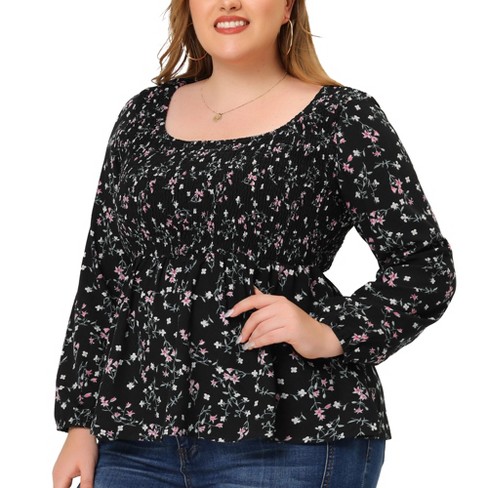 Agnes Orinda Women's Plus Size V Neck Babydoll 3/4 Sleeve Floral Flowy  Blouse Black 3x : Target