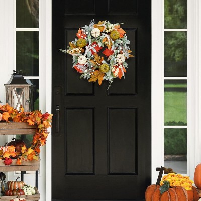 20" Thanksgiving Fall Wreath for Front Door, Autumn Eucalyptus Berries & Pumpkin Wreath, Fall Decor for Porch, Wall,White+Yellow