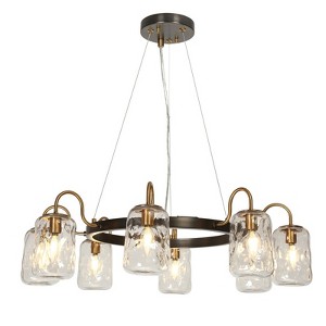 LNC Erharting 8-Lights 32.7" Modern Wagon Wheel Oversized Chandelier, Black and Plolished Gold with Ripple Gass Jar - 1 of 1