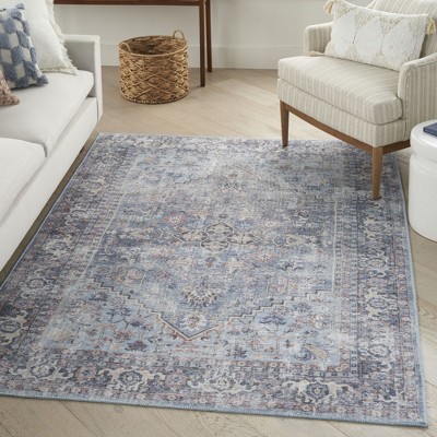 Light Grey and Blue Floral Cotton Chenille Rectangular Rug 6' x 9'