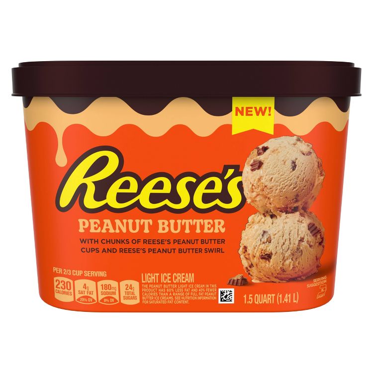 Reese's Peanut Butter Light Ice Cream, 1.5 Quart. The tub showcases Reese's iconic logo with creamy ice cream scoops filled with chunks of Reese's Peanut Butter Cups and peanut butter swirl. 