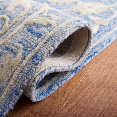 Blue and Beige Hand-Tufted Wool Floral Runner Rug