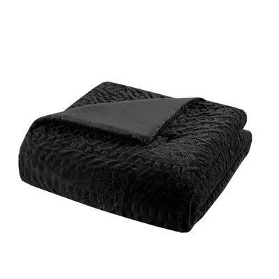 King Black Ruched Faux Fur Comforter Set