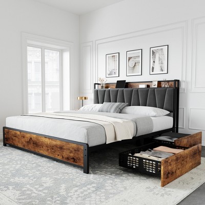 WhizMax Full Queen King Bed Frame with 4 Storage Drawers, Bed Frame with Charging Station, No Box Spring Needed, Easy Assembly,  Vintage Brown