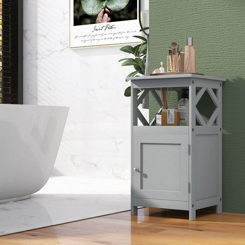 Costway Bathroom Floor Cabinet Side Storage Organizer with Open Shelf & Single Door Grey/White, 5 of 11