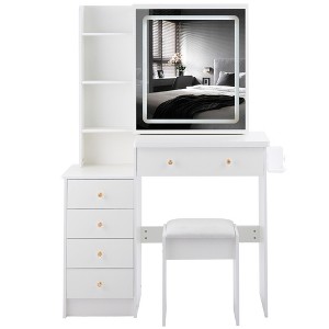 Contemporary Makeup Vanity with Padded Stool, LED Sliding Mirror, Touch-Sensitive 3 Color Lighting, Dual AC Outlets & USB Charging Ports - 1 of 4