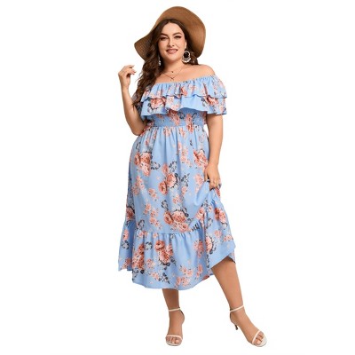Women Plus Size Off Shoulder Maxi Dress Ruffle Flowy Summer Casual Boho Long Dresses