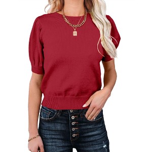 Coolmee Women's Puff Short Sleeve Sweater Tops Fashion Business Casual Knit Crew Neck T Shirts Outfits Work Blouses Clothes - 1 of 4