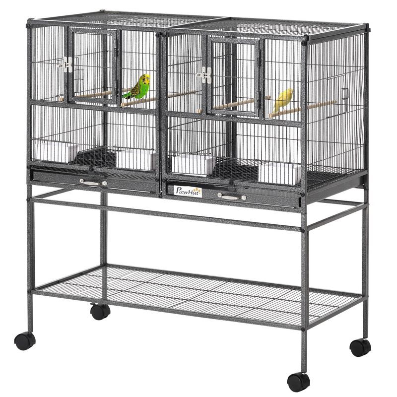 PawHut Double Bird Cage with Rolling Stand Removable Metal Tray, Storage Shelf, Wood Perch, and Food Container, 4 of 9
