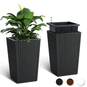 GustoWave 16 Inch Tall Planter Set of 2 Large Rattan Flower Pot with 2 Trays & a Water Level Monitor & Wheels Outdoor and Indoor for Patio, Porch - 1 of 4