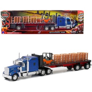 Kenworth W900 Truck with Flatbed Trailer Blue with Forklift and Pallets "Long Haul Truckers" 1/32 Diecast Model by New Ray - 1 of 4
