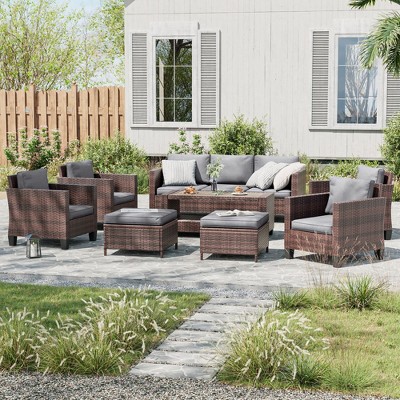 Sonkuki Outdoor 9-Piece Patio Conversation Set with Ottoman and Side Table, Navy Blue Cushion