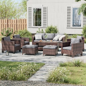Sonkuki 8-Piece Rattan Patio Furniture Set Coversation Set Outdoor Sofa Couch w/ Chairs, Side Table and Ottoman, Navy Blue Cushion - 1 of 4