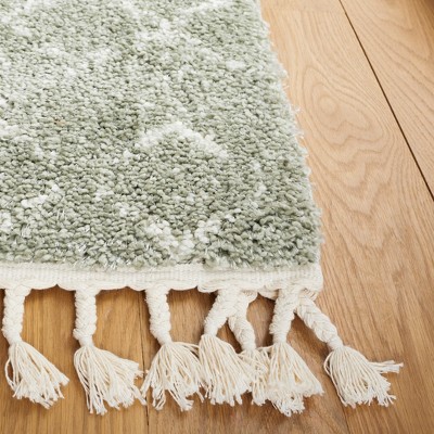 Sage and Ivory Synthetic Shag Rug with Fringe Detail