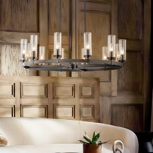 Rennnsan Mavita 35" W 12 -Light Glass Dimmable Mid-Century Wagon Wheel Chandelier in Brushed Gold & Black - 1 of 4