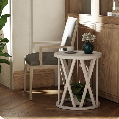 JIONJOY White Round Farmhouse Side Table with X-Detail Base
