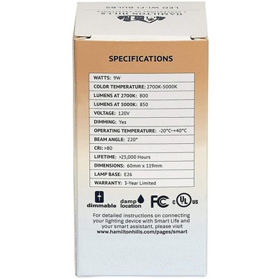 Hamilton Hills 9W Dimmable Yellow LED Smart Bulb with WiFi