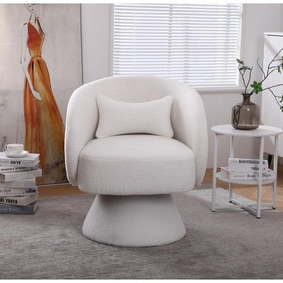 CAVINAS Faux Fur/Linen Upholstered Swivel Accent Chair with Wooden Base,Modern Round Barrel Chair,Armchair for Bedroom,Reading Room