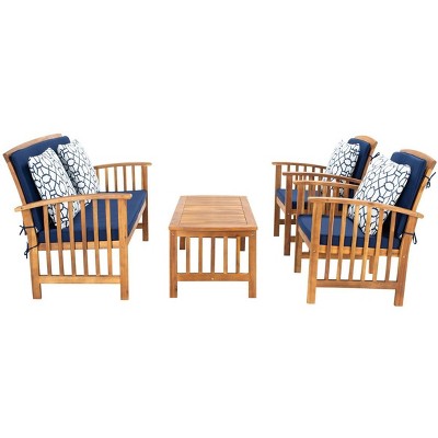 Rocklin Natural Acacia 4-Person Outdoor Conversation Set with Navy Cushions
