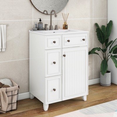 ALEXOUN 24" Bathroom Vanity with Ceramic Basin,Free Standing Single Basin Vanity Set with 2 Drawers and 1 Door,Modern Wooden Bathroom Cabinet,
