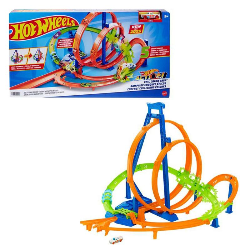 Hot Wheels Easy Storage Track Set with 5 Crash Zones, Motorized Boosters, 1 Car, and 2 Different Sized Loops for Kids Motor Vehicle Playsets, 1 of 8