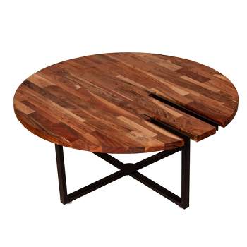 36" Round Wooden Top Coffee Table with Metal Base Brown/Black - The Urban Port