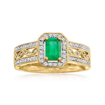 Ross-Simons 0.40 Carat Emerald and .22 ct. t.w. Diamond Halo Ring in 14kt Yellow Gold Size 7