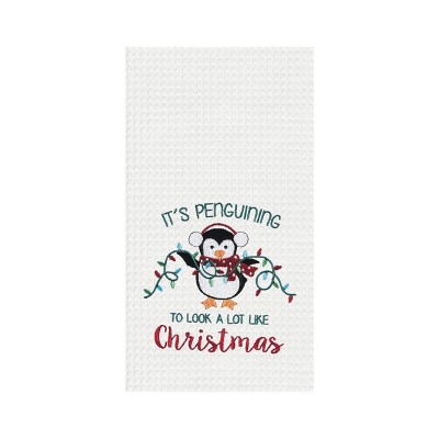 C&F Home Penguin Christmas Lights Embroidered Waffle Weave Kitchen Towel