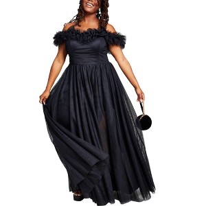 City Studio Womens Tulle Trim Off the Shoulder Gown Dress, Black, 18W - 1 of 1