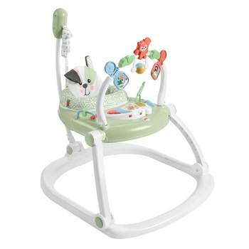 Fisher-Price Puppy Perfection Spacesaver Jumperoo Baby Bouncer Activity Center with Overhead Toy Bar, Play Panel, Lights and Sounds, Multicolor