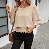 Women's Blouse Puff Sleeve Smocked Waist Scalloped Hem Casual Loose Fit Round Neck Top - 4 of 4