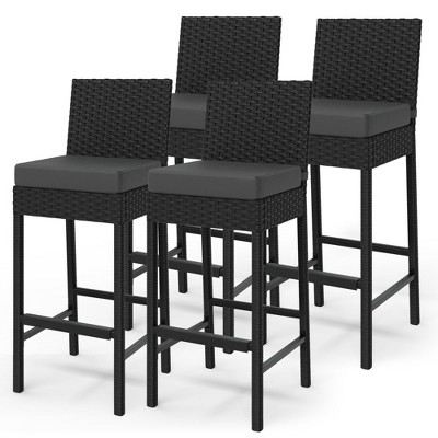 Outdoor Bar Stool Set of 2, Counter Height Bar Chair with Soft Cushion & Ergonomic Footrest, Rattan Barstool Set for Patio Pool