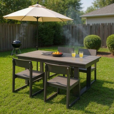 Modern 5 PCS Outdoor Dining Set, Rectangular Dining Table with Umbrella Hole, Dining Armless Chair with HDPE Frame-Coolbibila