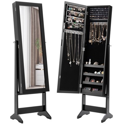 Uten Full Length Mirror Jewelry Cabinet – Mahogany Wood Armoire With Velvet Lining, Freestanding