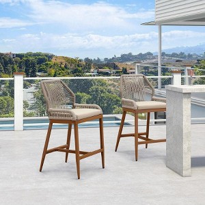 PURPLE LEAF Patio Sunbrella Bar Stools Set of 2 Handwoven Wicker Bar Height Stool Modern Aluminum Outdoor Wicker Barstools with Back and Cushion - 1 of 4