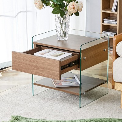 VYNXARIA Bedside table with drawers,The board surface is MDF sticker,and both sides are transparent tempered glass,with excellent storage functions