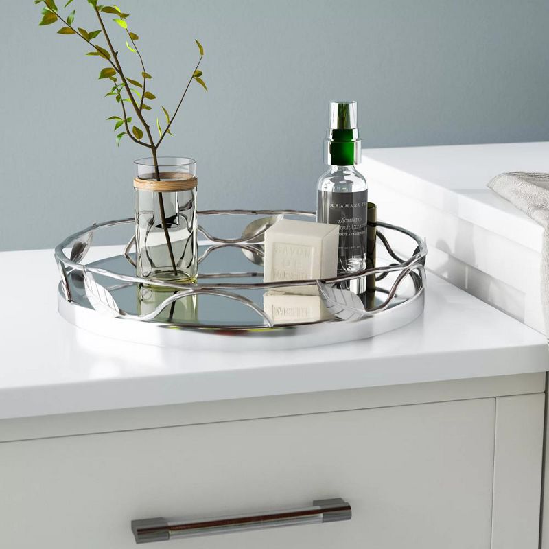 Classic Touch Round Mirror Tray With Leaf Design, 3 of 4