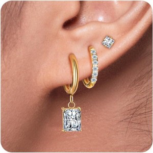 Surgical Steel Drop Huggie Hoop Earrings Set, Gold Plated with CZ Studs, Hypoallergenic & Tarnish-Resistant - 1 of 4