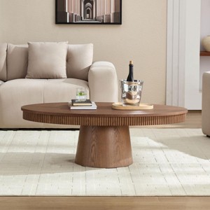 47" Modern Oval Coffee Table in Walnut Brown Finish with Sculptural Pedestal Base for Living Room -3irtyhousy - 1 of 4