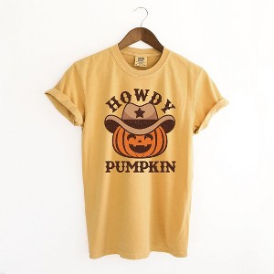 Simply Sage Market Women's Howdy Pumpkin Hat Short Sleeve Garment Dyed Tee - 1 of 2