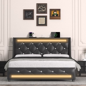 Okak Full/Queen Size Upholstered Platform Bed with Charging Station & LED Lights,Master Bedroom Bed Frame No Box Spring Needed - 1 of 4