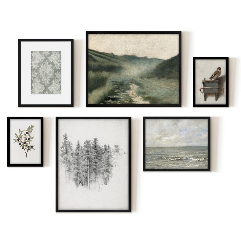 Americanflat 6 Piece Vintage Gallery Wall Art Set - Tree Study, Foggy Stream, Muted Ocean, Green Damask Textile, Goldfinch by Maple + Oak, 1 of 6