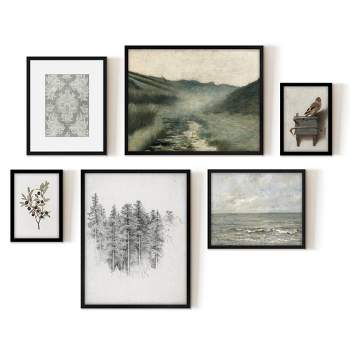 Americanflat 6 Piece Vintage Gallery Wall Art Set - Tree Study, Foggy Stream, Muted Ocean, Green Damask Textile, Goldfinch by Maple + Oak