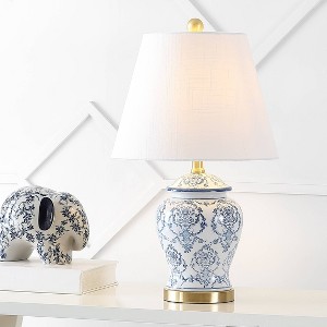 22.25" Ceramic Juliana Traditional Classic Chinoiserie Table Lamp (Includes LED Light Bulb) Blue/White - JONATHAN Y: Empire Shade, Linen - 1 of 4