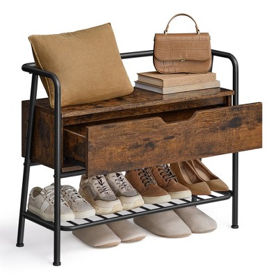 VASAGLE Shoe Storage Bench with Seating, Shoe Rack with Organizer Drawer, Industrial Style, Steel Frame,Rustic Brown and Ink Black