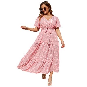 Garvee Women Plus Size V Neck Wrap Maxi Dress High Waist Ruffle Summer Casual Dress with Belt Short Sleeve,small pink flowers,2XL - 1 of 4