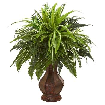 Nearly Natural 26-in Mixed Greens and Fern Artificial Plant in Decorative Planter