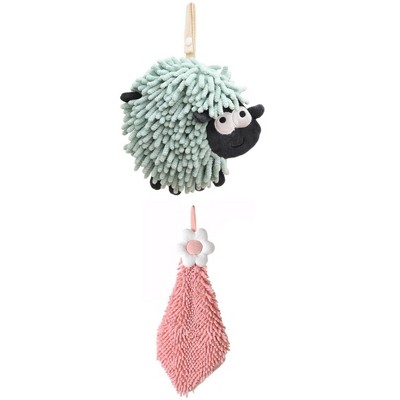 REGALWOVEN Flower and Sheep Shape Absorbent Fast Drying Chenille Hand Towels with Hanging Loop 6" x 15"/7" x 7" 2 Packs